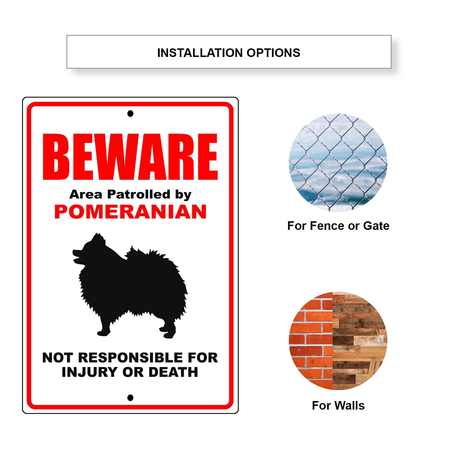 Beware area patrolled by pomeranian aluminum metal sign
