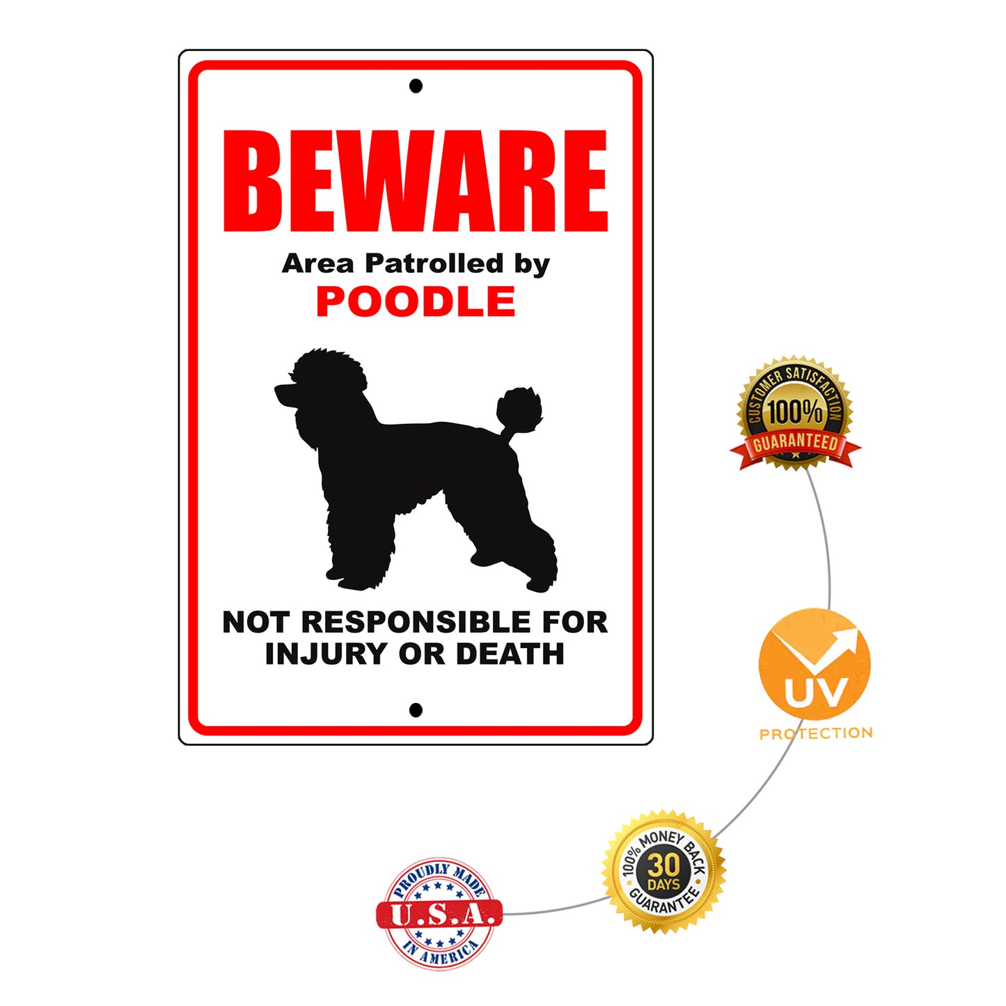 Beware area patrolled by poodle aluminum metal sign