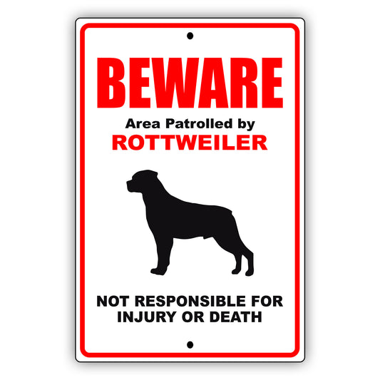 Beware area patrolled by rottweiler aluminum metal sign