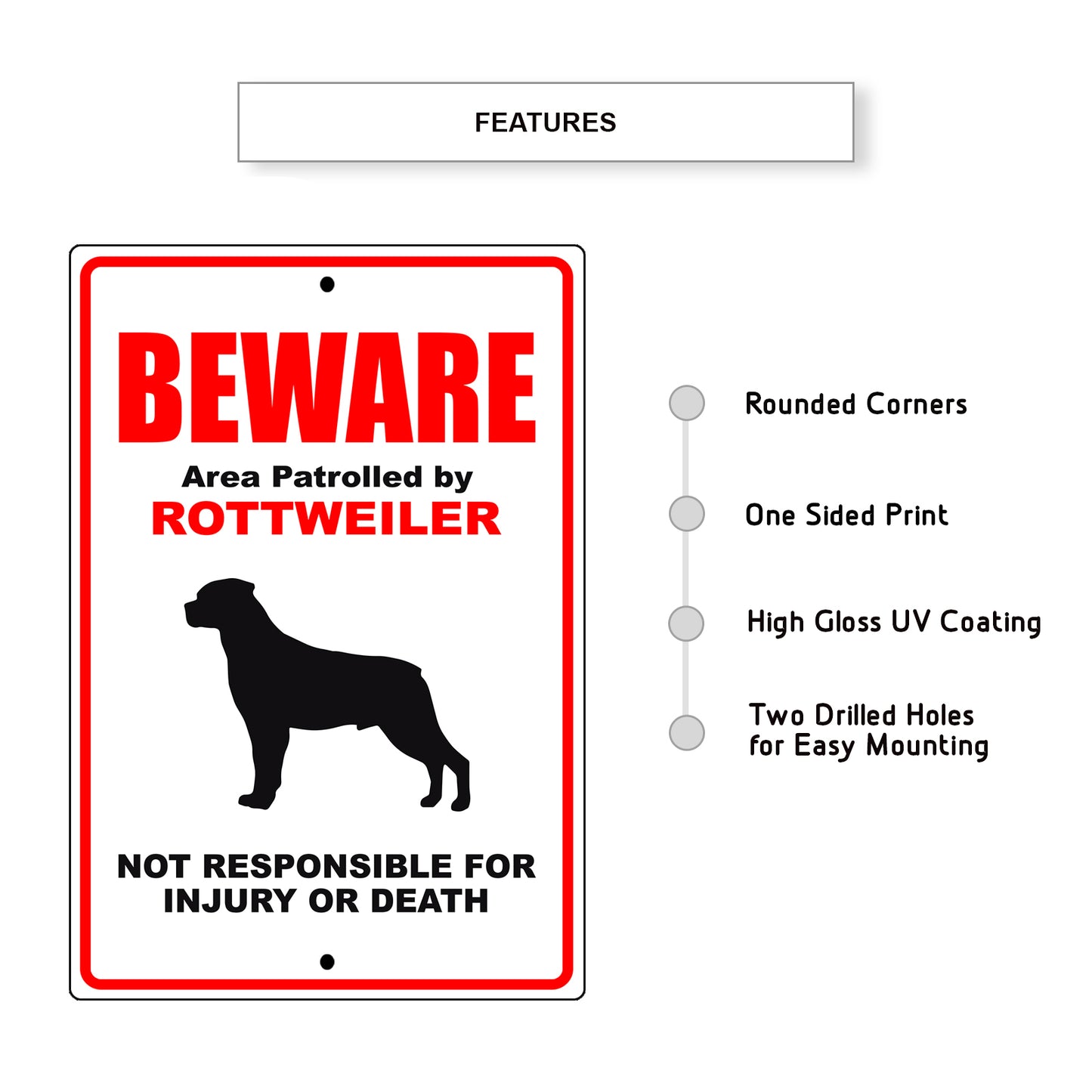 Beware area patrolled by rottweiler aluminum metal sign