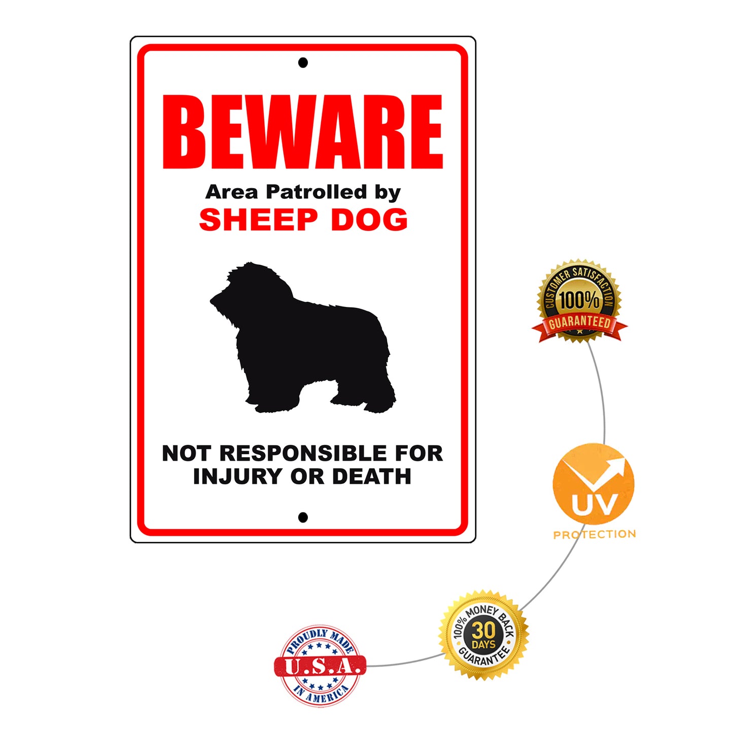 Beware area patrolled by sheep dog aluminum metal sign