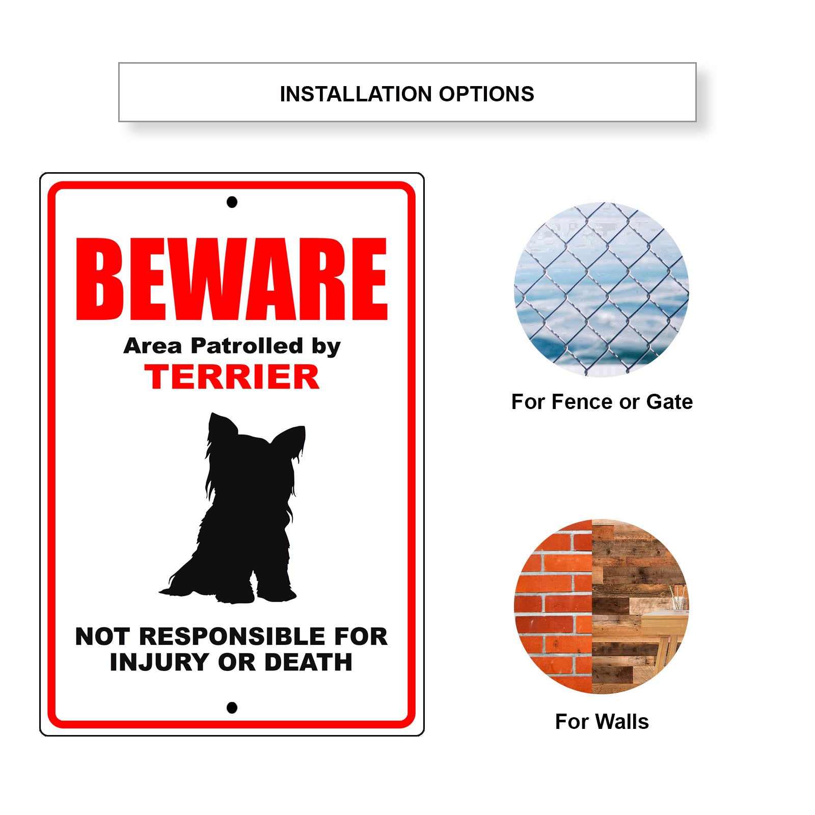 Beware area patrolled by terrier aluminum metal sign