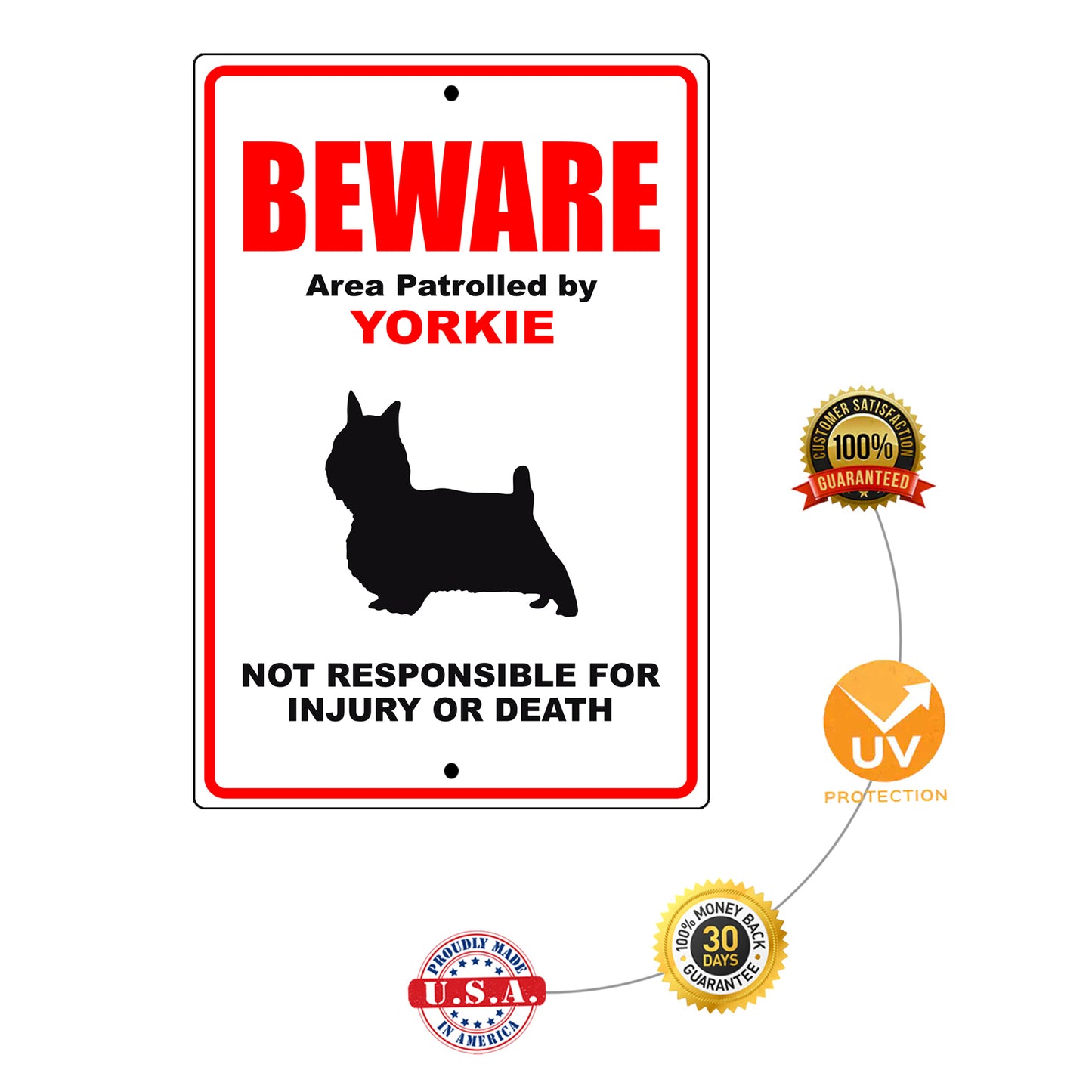 Beware area patrolled by yorkie aluminum metal sign