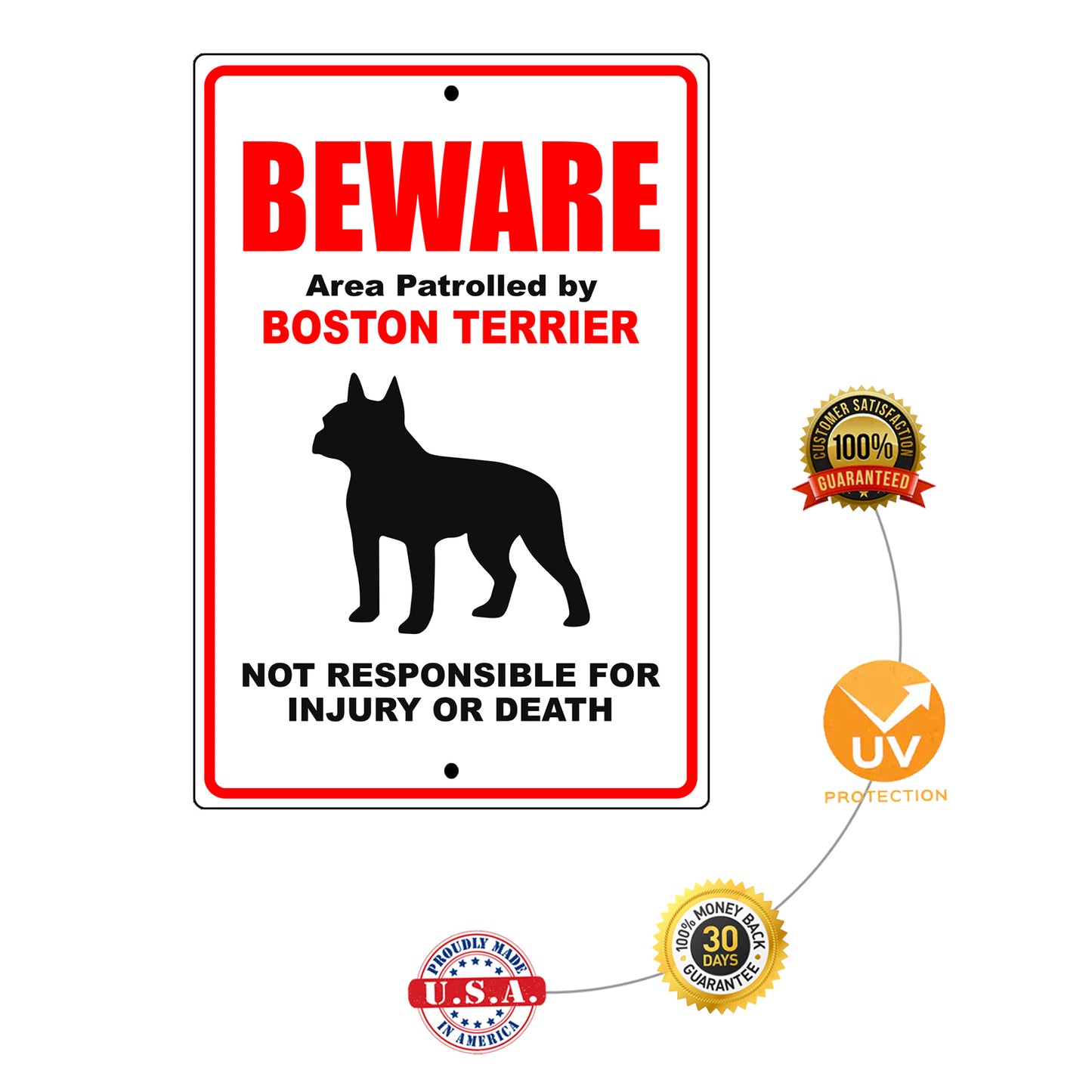 Beware area patrolled by boston terrier aluminum metal sign