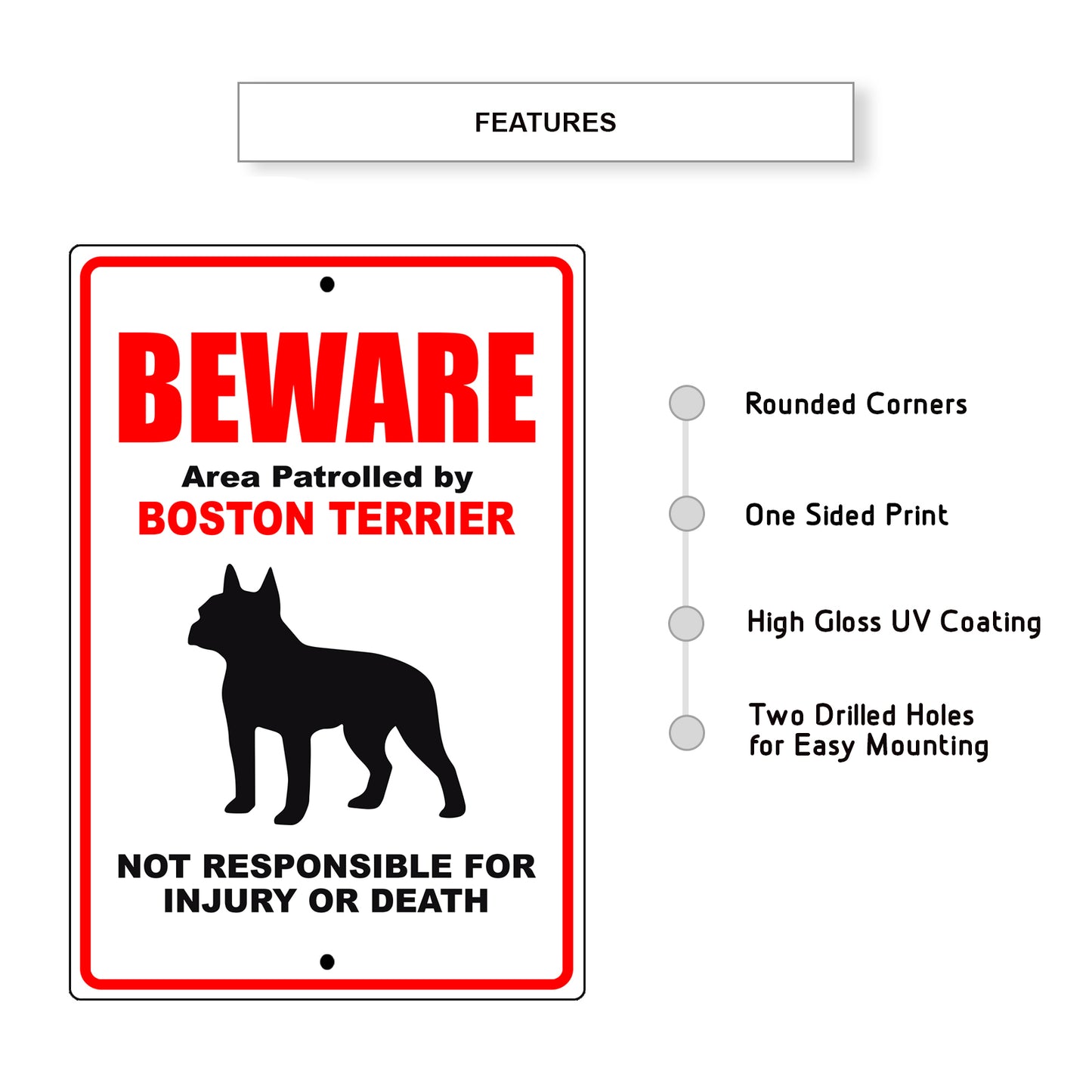 Beware area patrolled by boston terrier aluminum metal sign