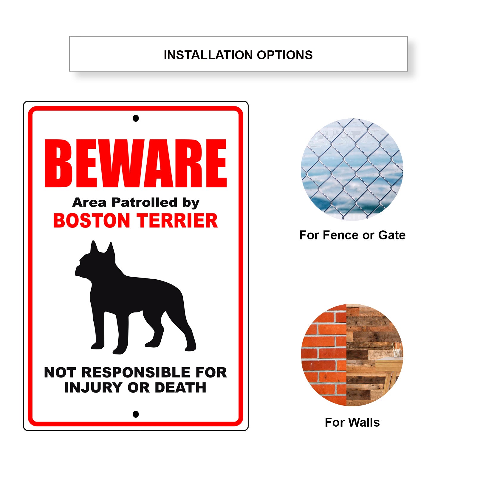 Beware area patrolled by boston terrier aluminum metal sign