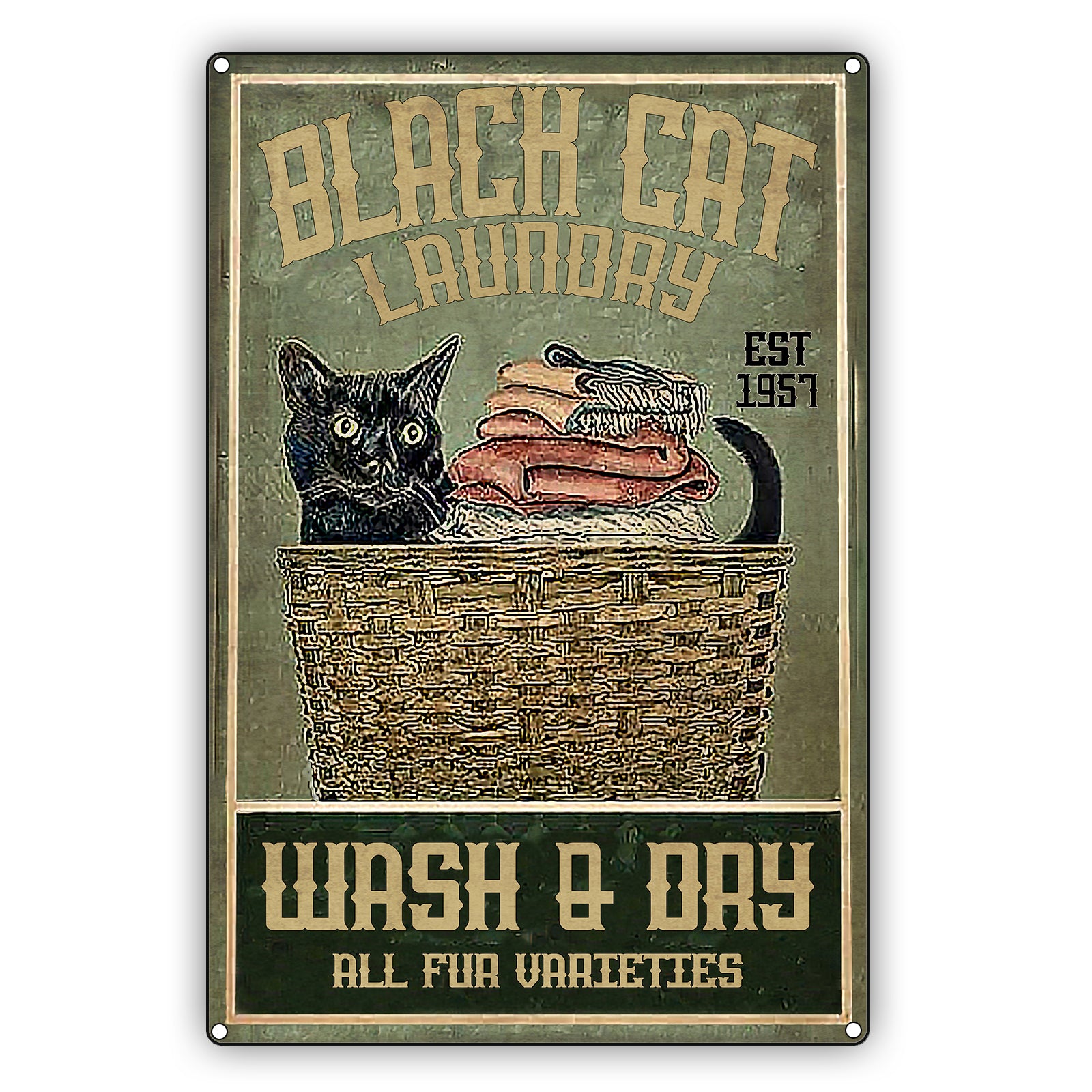 Black cat laundry wash and dry all fur varieties cat graphic vintage sign