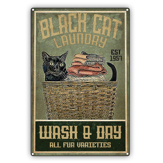 Black cat laundry wash and dry all fur varieties cat graphic vintage sign