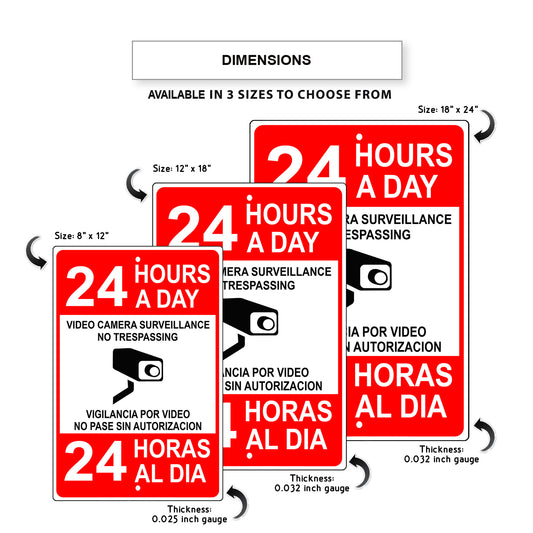 24 hours video camera surveillance no trespassing aluminum metal sign