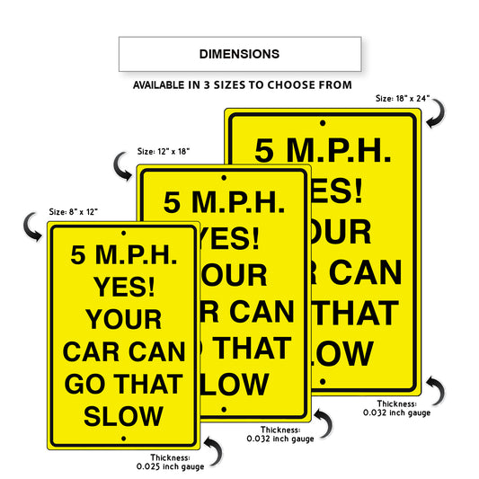 5 M.P.H. Yes your car can go that slow aluminum metal sign