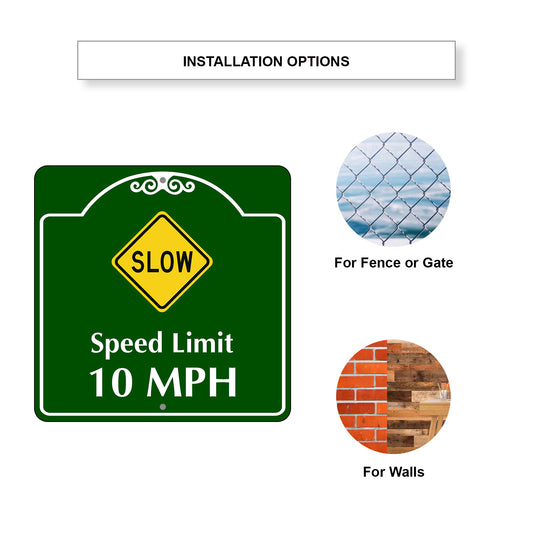 Speed Limit 10 MPH Square Aluminum Sign Installation Options