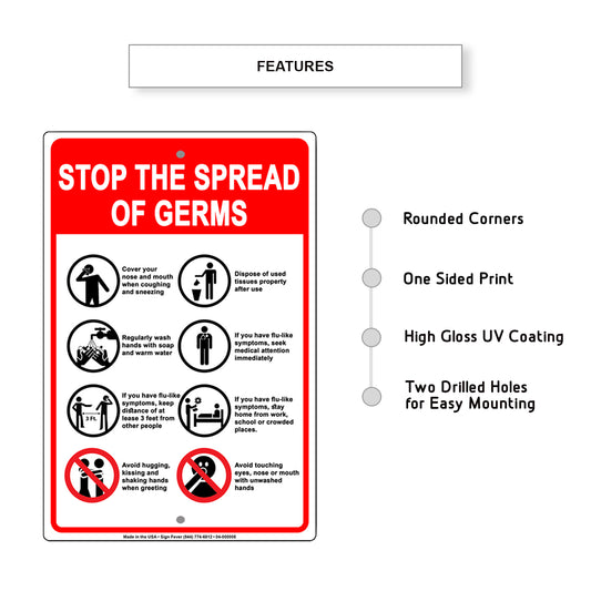 Stop The Spread Of Germs Cover Your Nose Mouth And Hands Aluminum Metal Display Sign Plate