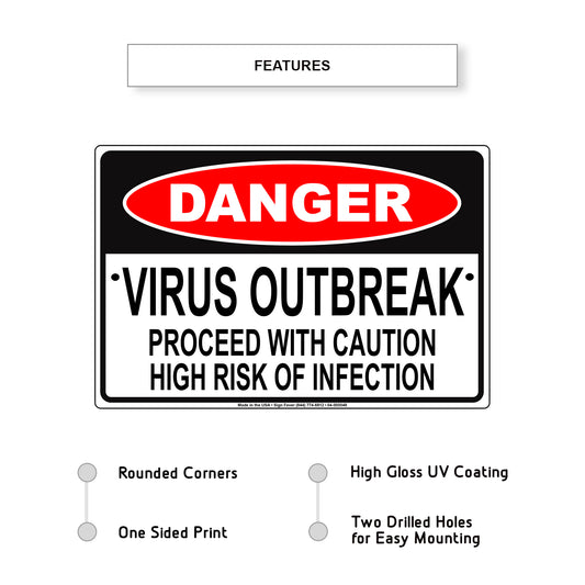 Danger Virus Outbreak Proceed With Caution High Risk Of Infection Coronavirus Covid-19 Aluminum Metal Display Sign Plate
