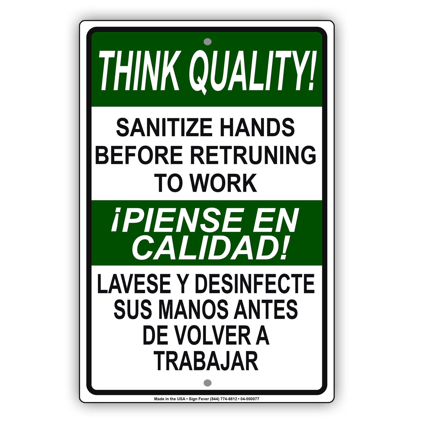Think Quality Sanitize Hands Before Returning To Work Coronavirus Covid-19 Aluminum Metal Display Sign Plate