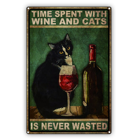 Time Spent With Wine And Cats Is Never Wasted Cat Wine Graphic Vintage Sign