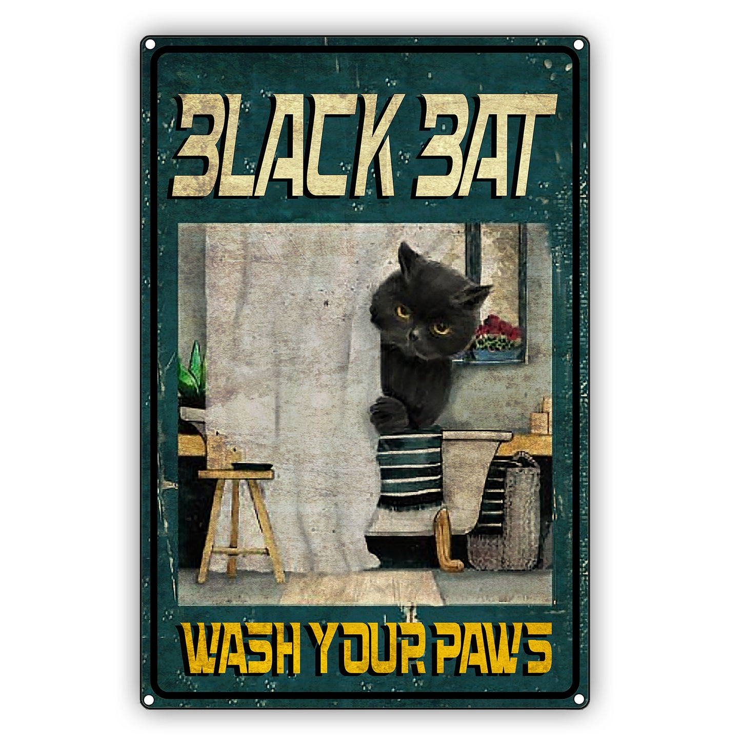 Black Bat Wash Your Paws Cat Graphic Vintage Sign