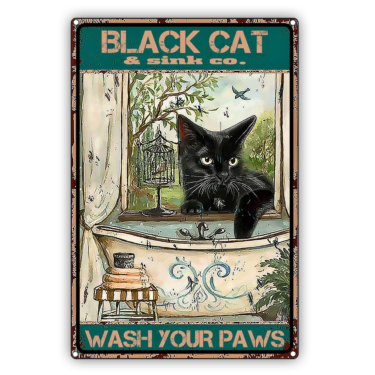 Black Cat & Sink Co. Wash Your Paws Cat Graphic Vintage Sign