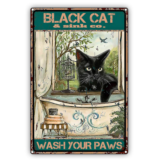 Black Cat & Sink Co. Wash Your Paws Cat Graphic Vintage Sign
