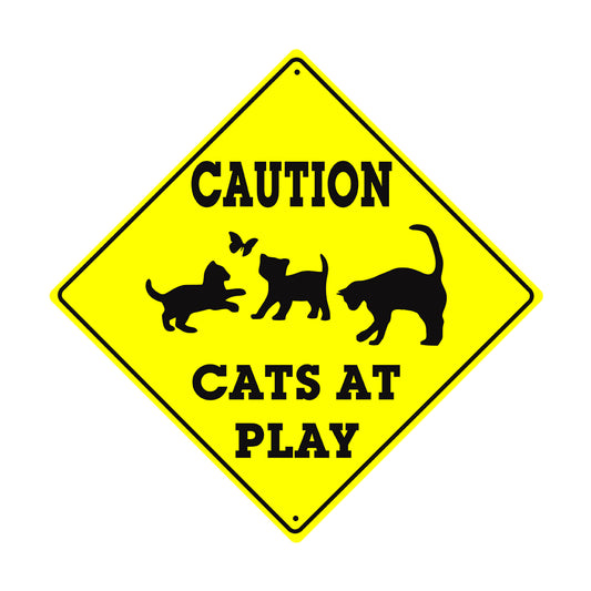 Caution, Cats at Play With Symbol Animal Xing Metal Aluminum Notice Novelty Road Plate Sign