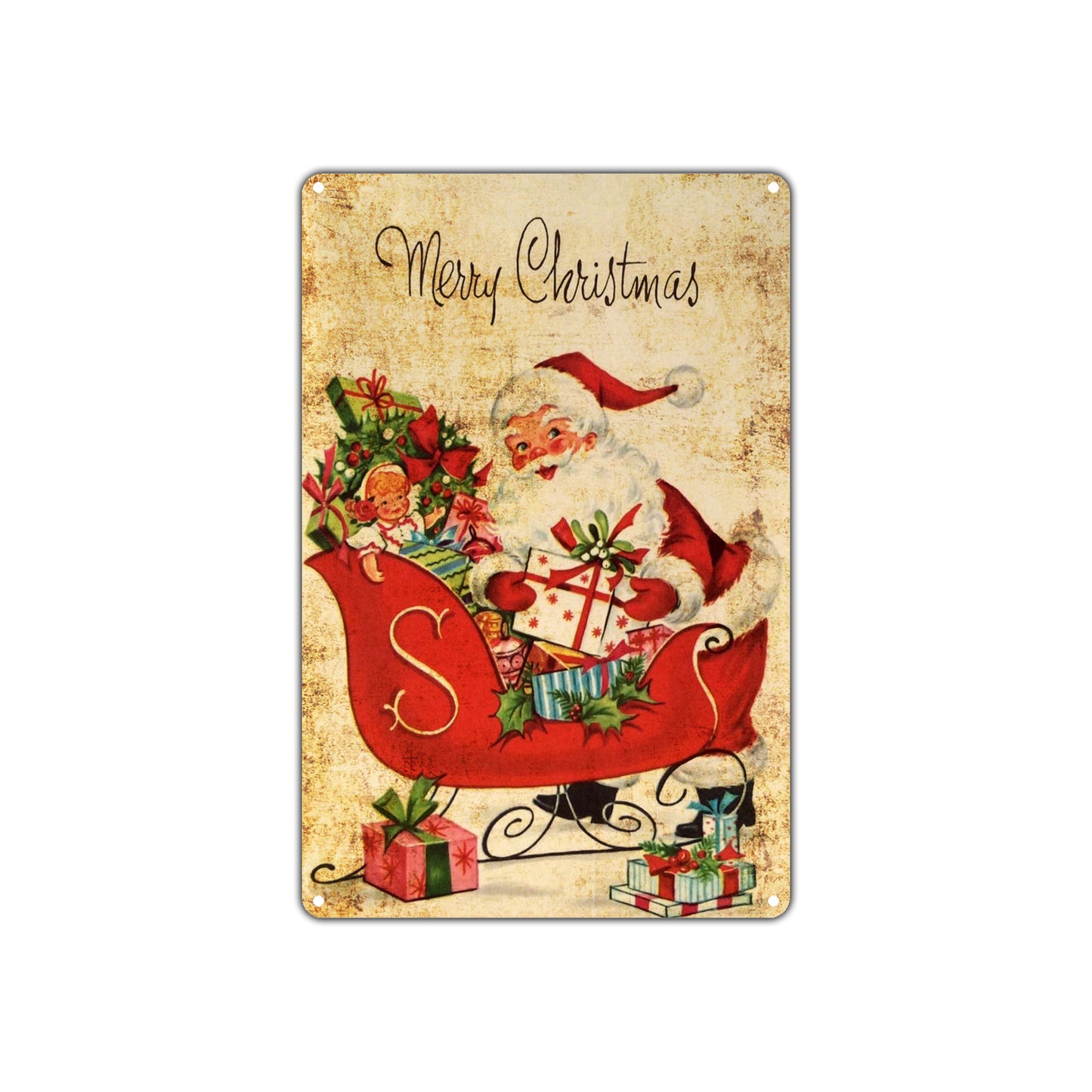 Merry Christmas Santa Claus Sleigh Seasonal Festival Vintage Retro Wall Decor Art Shop Aluminum