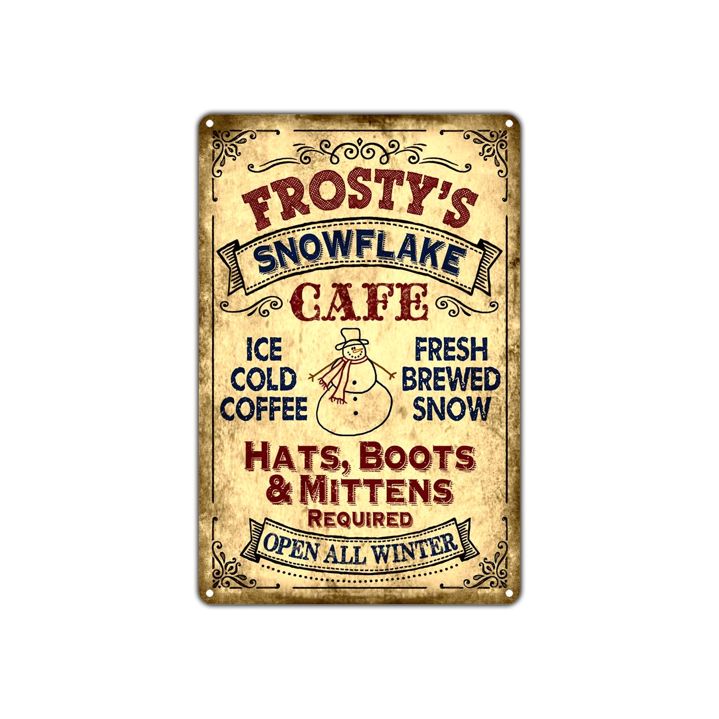Frosty's Snowflake Cafe Open All Winter Vintage Retro Wall Decor Art Shop Man Cave Bar Aluminum