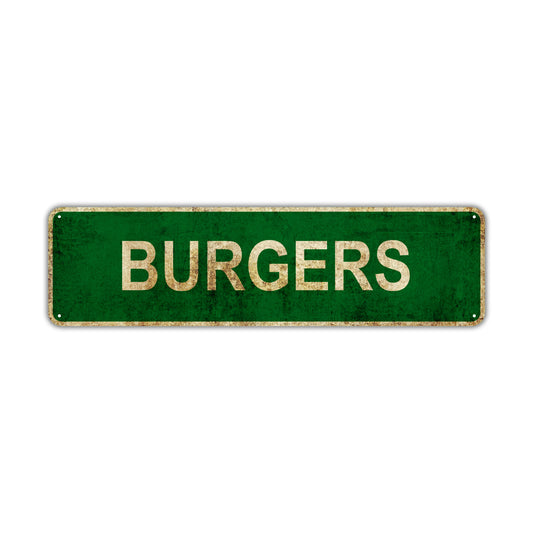 Burgers Vintage Retro Street Novelty Sign Rustic Metal Aluminum Decor Wall Man Shop Cave Bar Gift