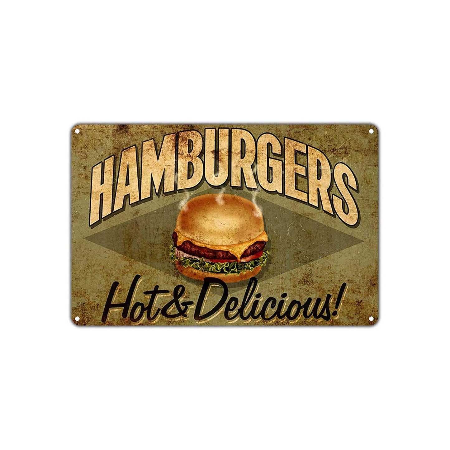Hamburgers Hot & Delicious Fast Food Restaurant Vintage Retro Art Shop Mart Grocery Garage Aluminum