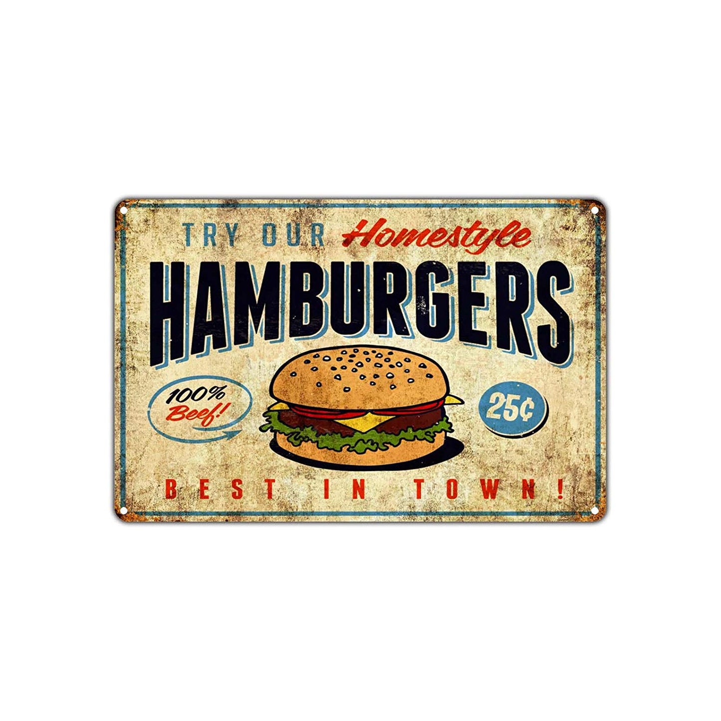 Try Our Homestyle Hamburgers 100% Beef Best In Town! Restaurant Retro Wall Decor Art Shop Aluminum