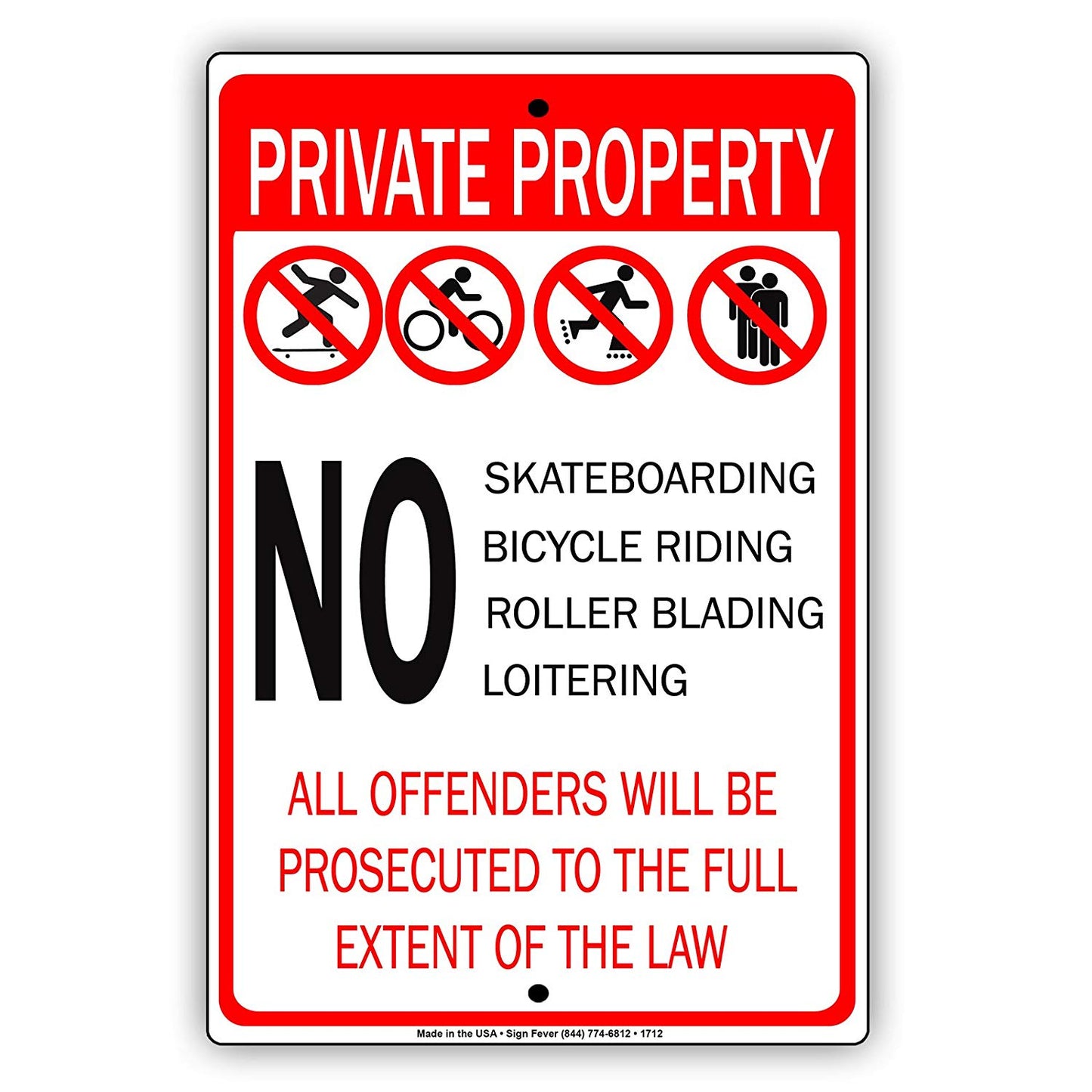 Private Property No Skateboarding Bicycle Riding Caution Warning Restriction Alert Notice Aluminum