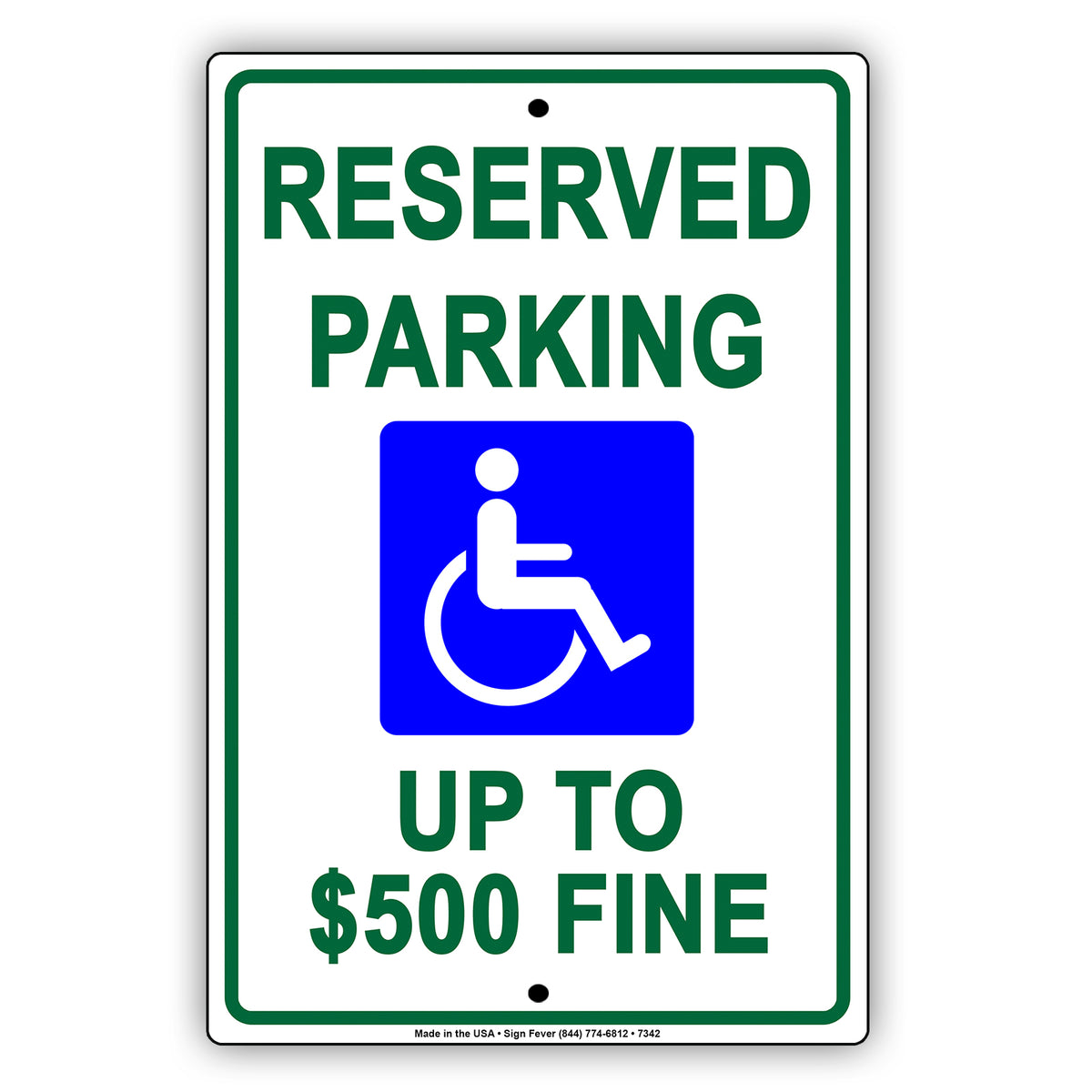 Handicap Reserved Parking Up To $500 Fine Aluminum Metal Sign Plate