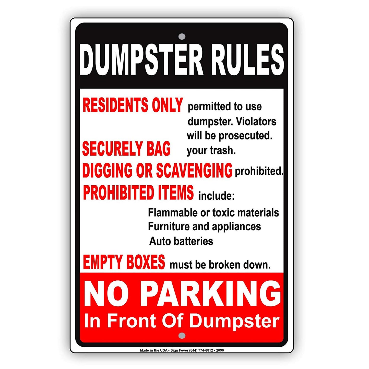 Dumpster Rules Residents Only Security Bag Prohibited Items Empty Boxes No Parking Front Aluminum