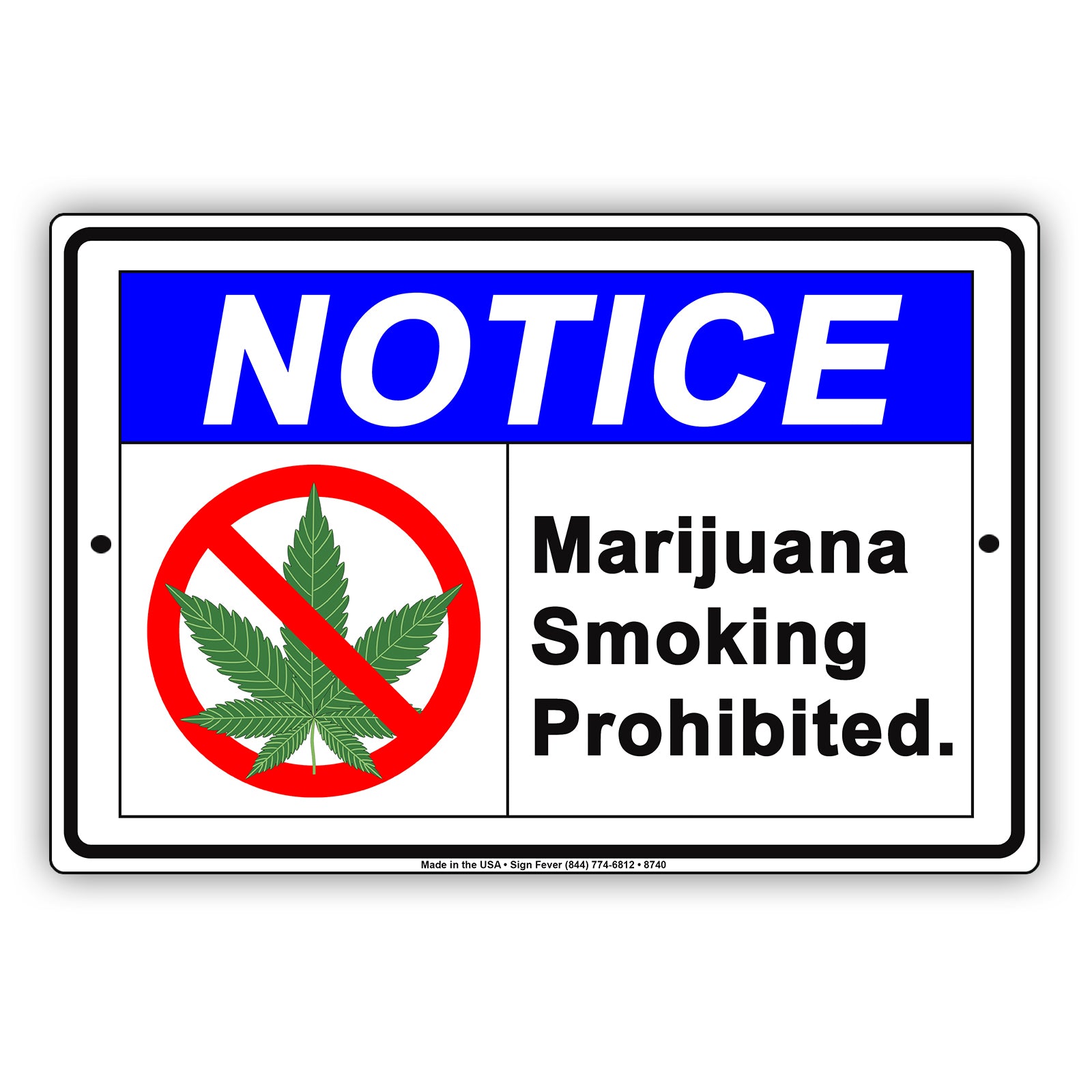 Notice Marijuana Smoking Prohibited Aluminum Metal Sign Plate