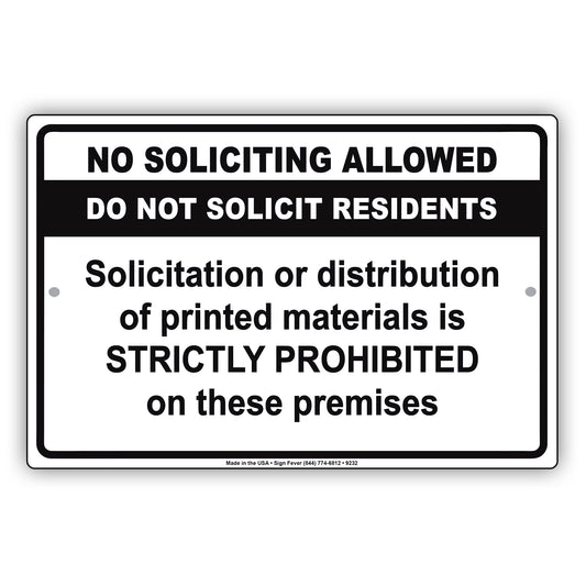 No Soliciting Allowed Do Not Solicit Residents Solictation Or Distribution Aluminum Metal Sign Plate