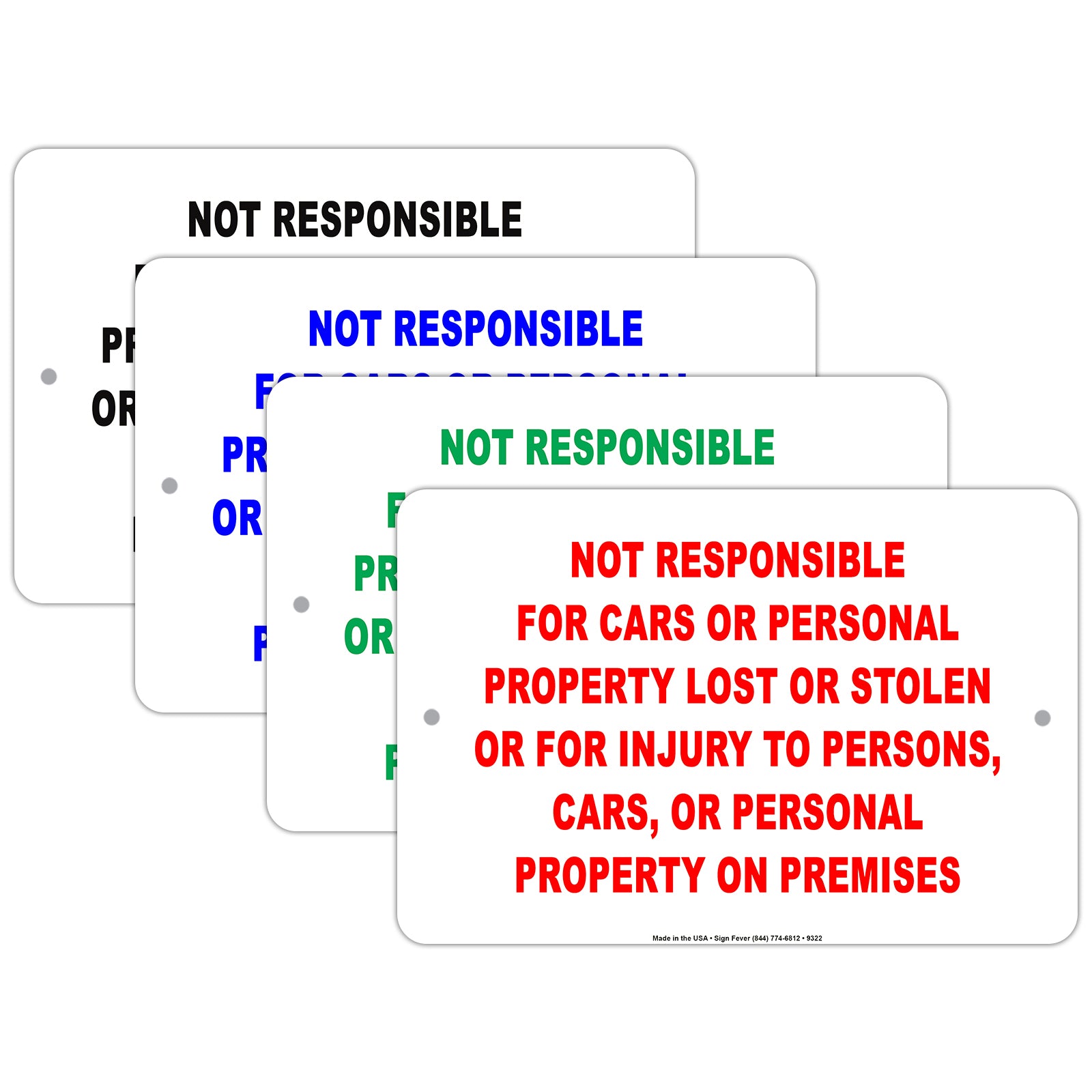 Not Responsible For Cars And Personal Property Lost Or Stolen For Injury To Persons, On Premises Sign