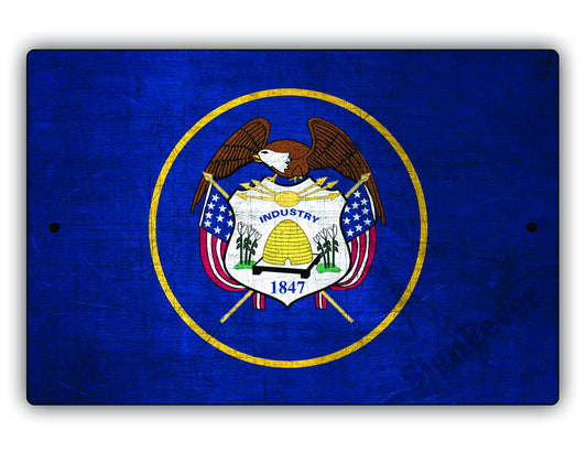 Utah State Flag Novelty Vintage Rustic Grunge Wall Decor Gift Aluminum Metal Sign Plate