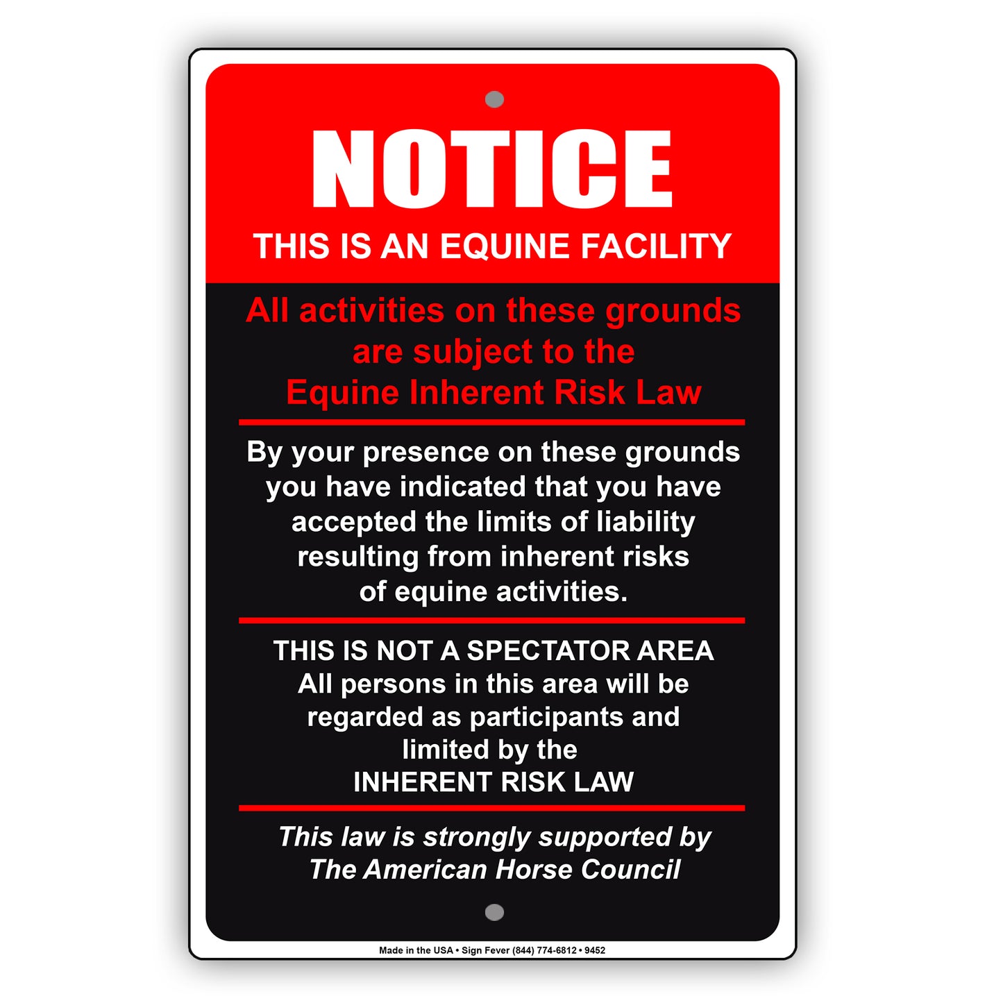 Notice This Is An Equine Facility All Activities On These Grounds Are Subject To The Equine Inherent Risk Law Aluminum Metal Sign Plate