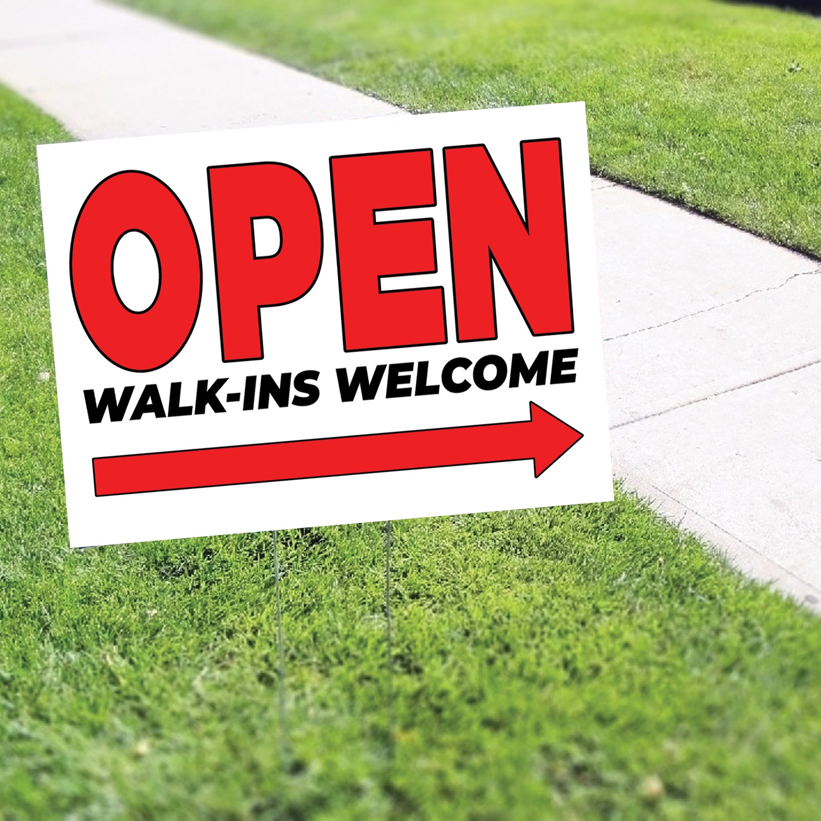 Open Walk-Ins Welcome Right Arrow Coroplast Yard Sign – Sign Fever