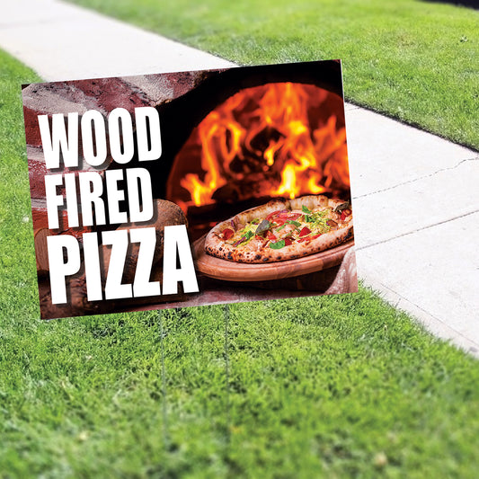 Wood fired pizza coroplast yard sign