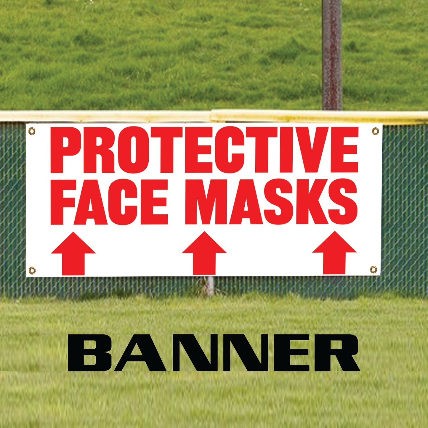 Protective face masks up arrow vinyl printed banner sign