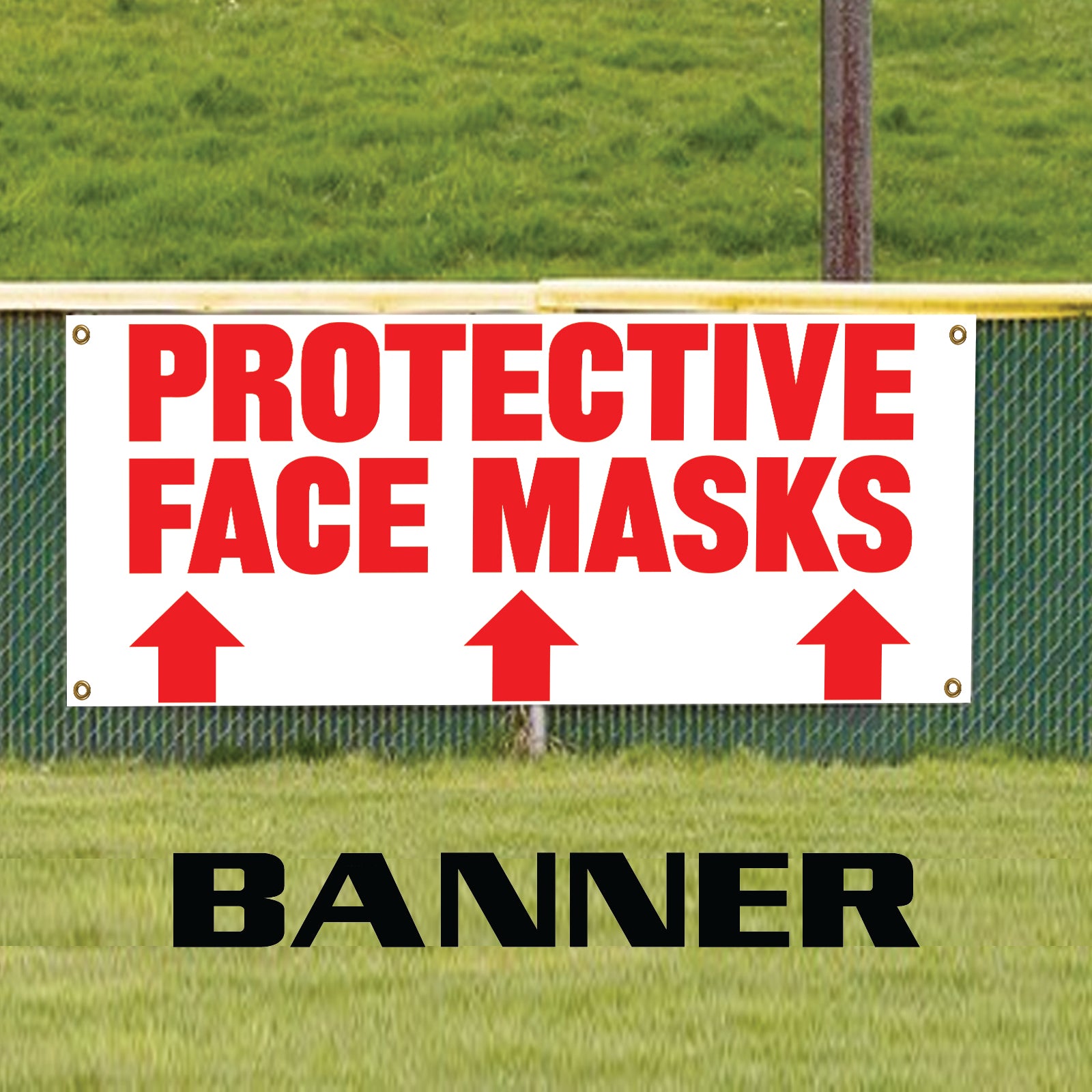 Protective face masks up arrow vinyl printed banner sign