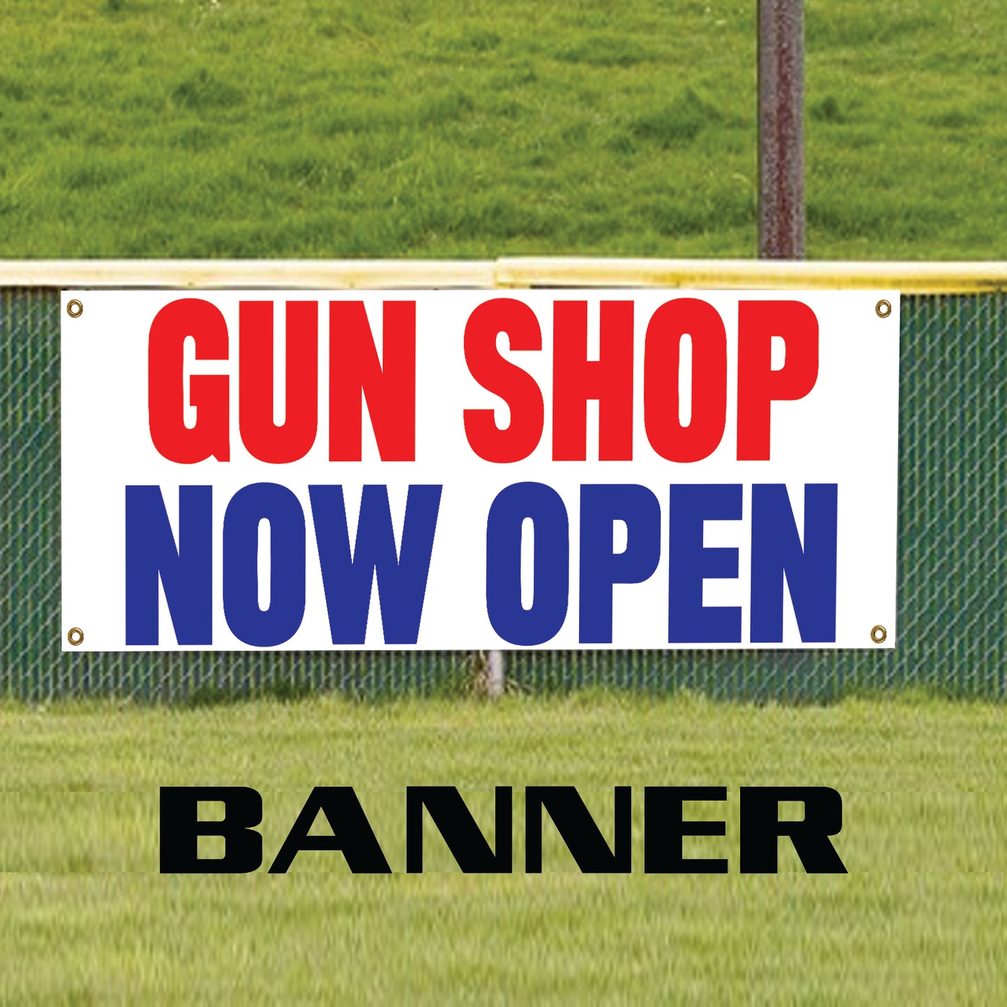 Gun shop now open vinyl printed banner sign