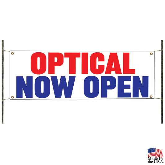 Optical now open vinyl printed banner sign