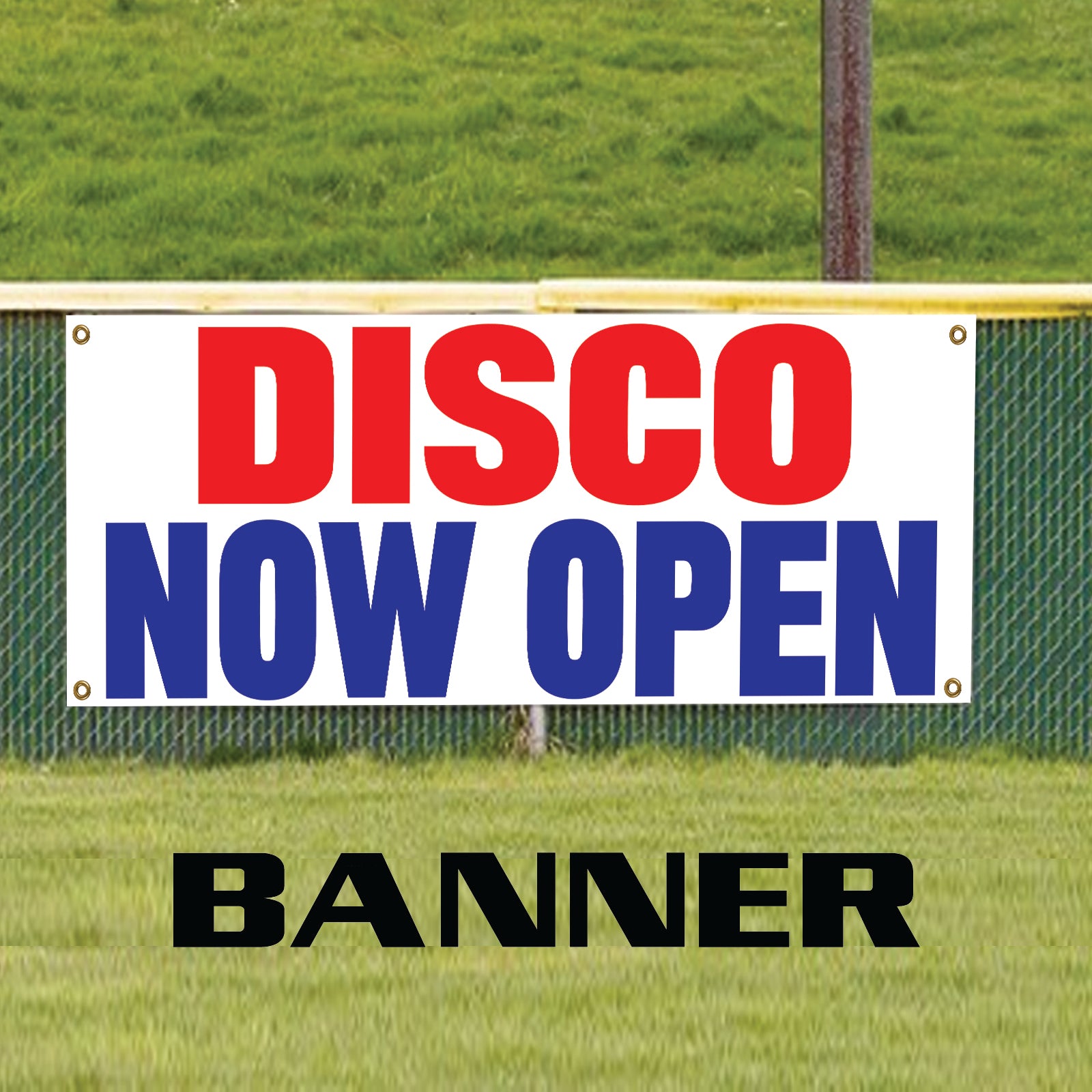 Disco now open vinyl printed banner sign