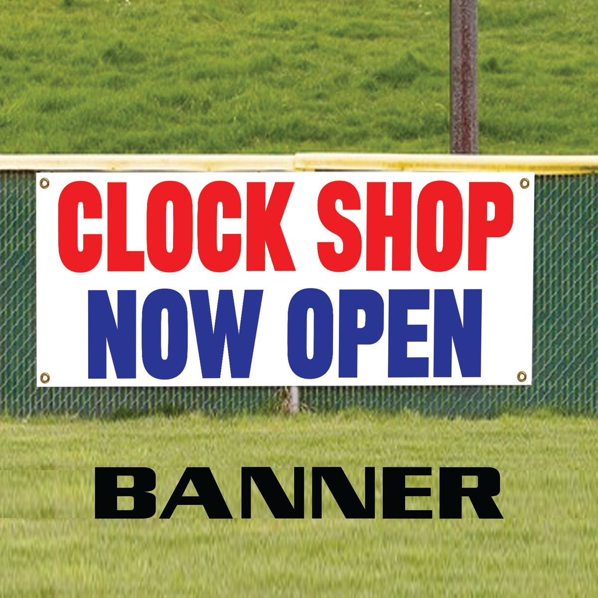 Clock Shop Now Open Vinyl Printed Banner Sign – Sign Fever