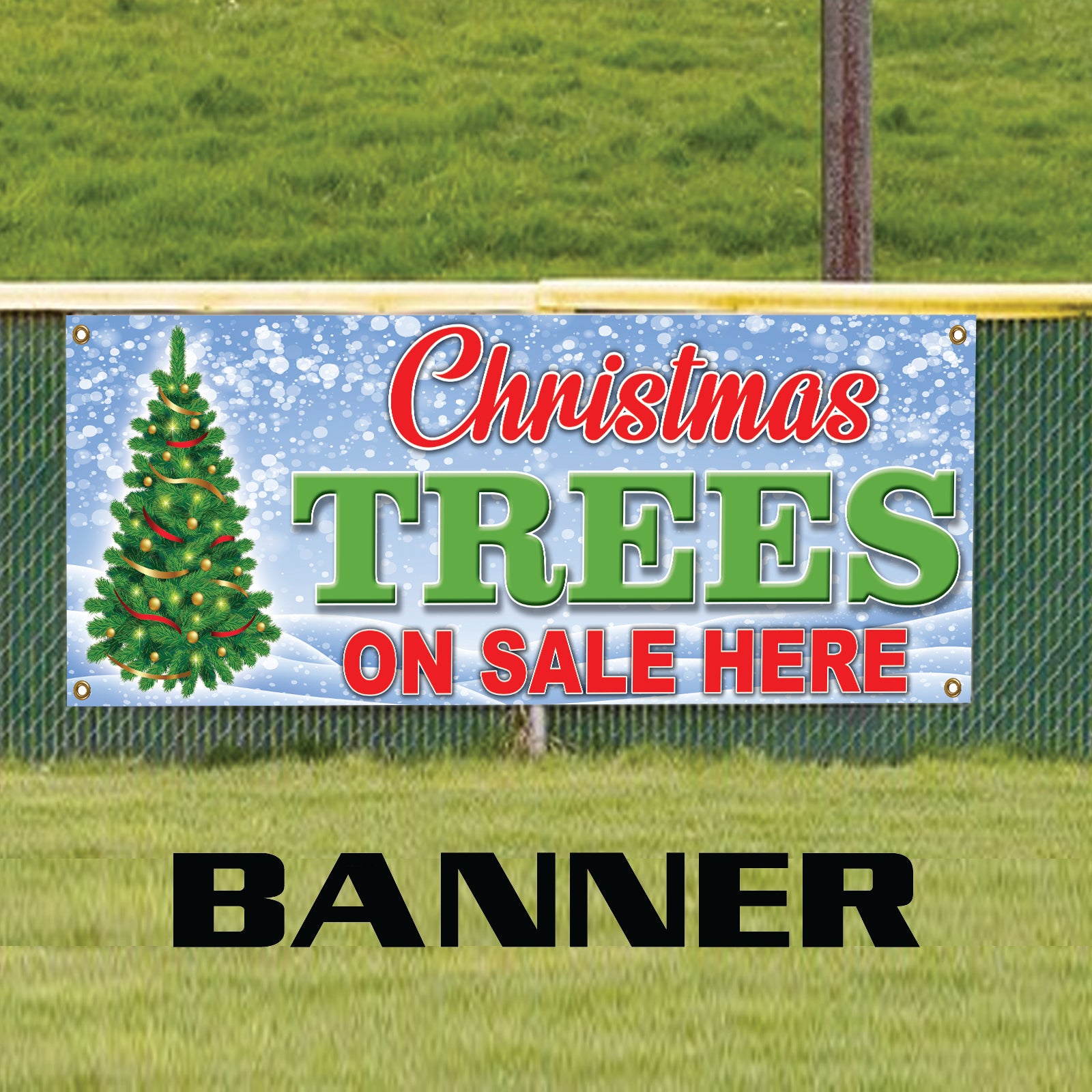 Christmas trees on sale here vinyl printed banner sign