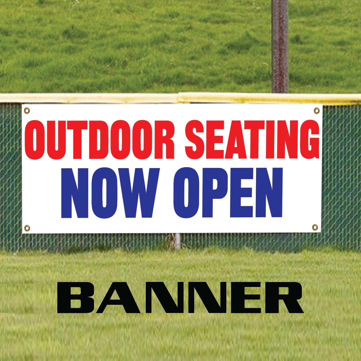 Outdoor seating now open vinyl printed banner sign