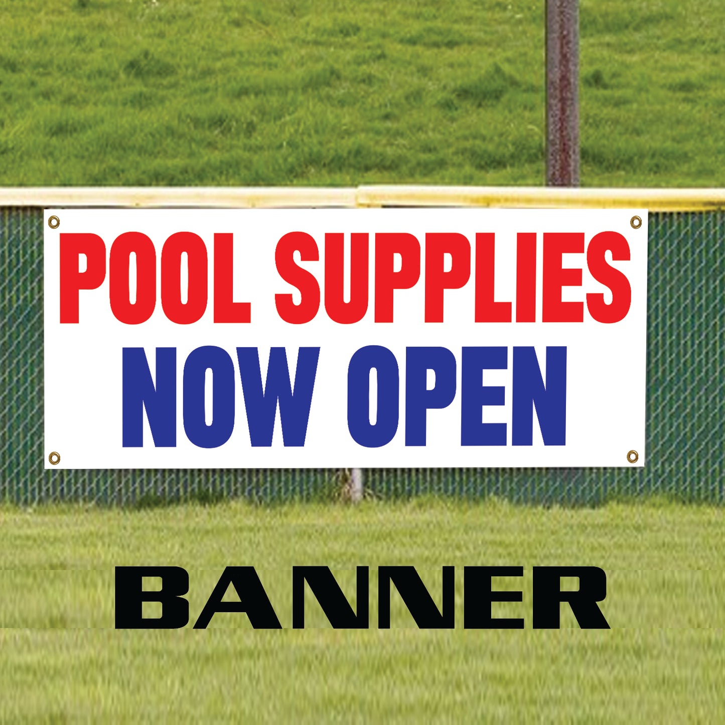 Pool supplies now open vinyl printed banner sign
