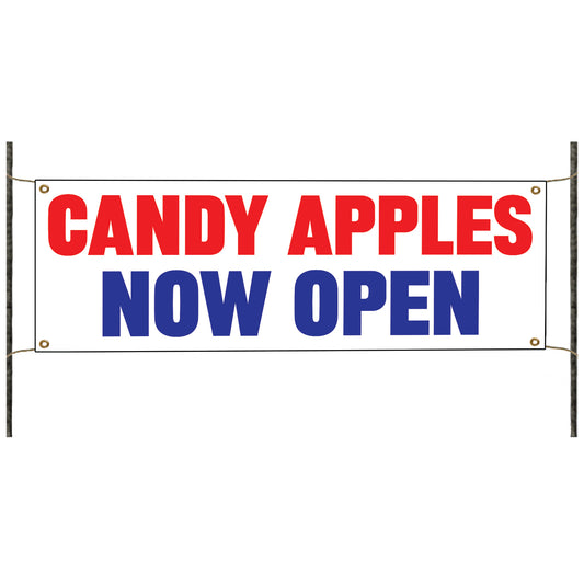 Candy apples now open vinyl printed banner sign