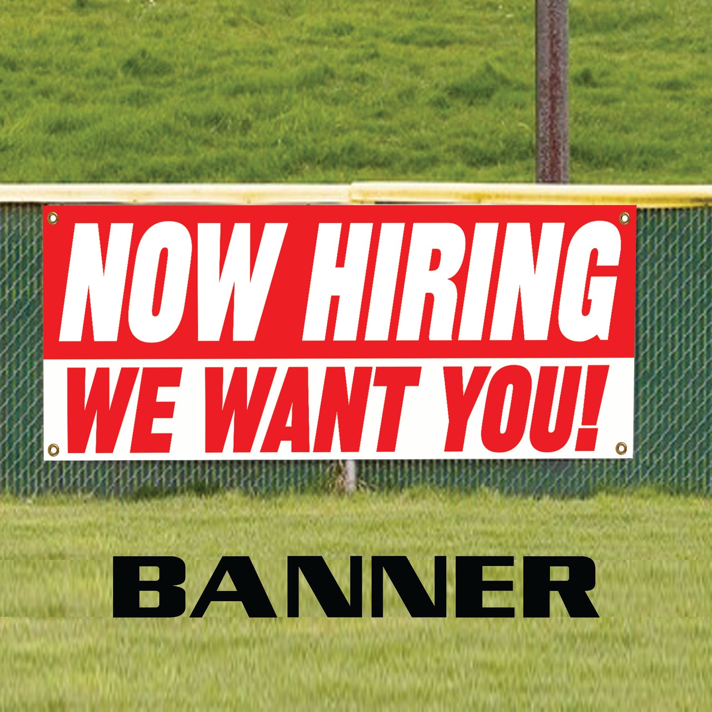 Now hiring we want you! vinyl printed banner sign