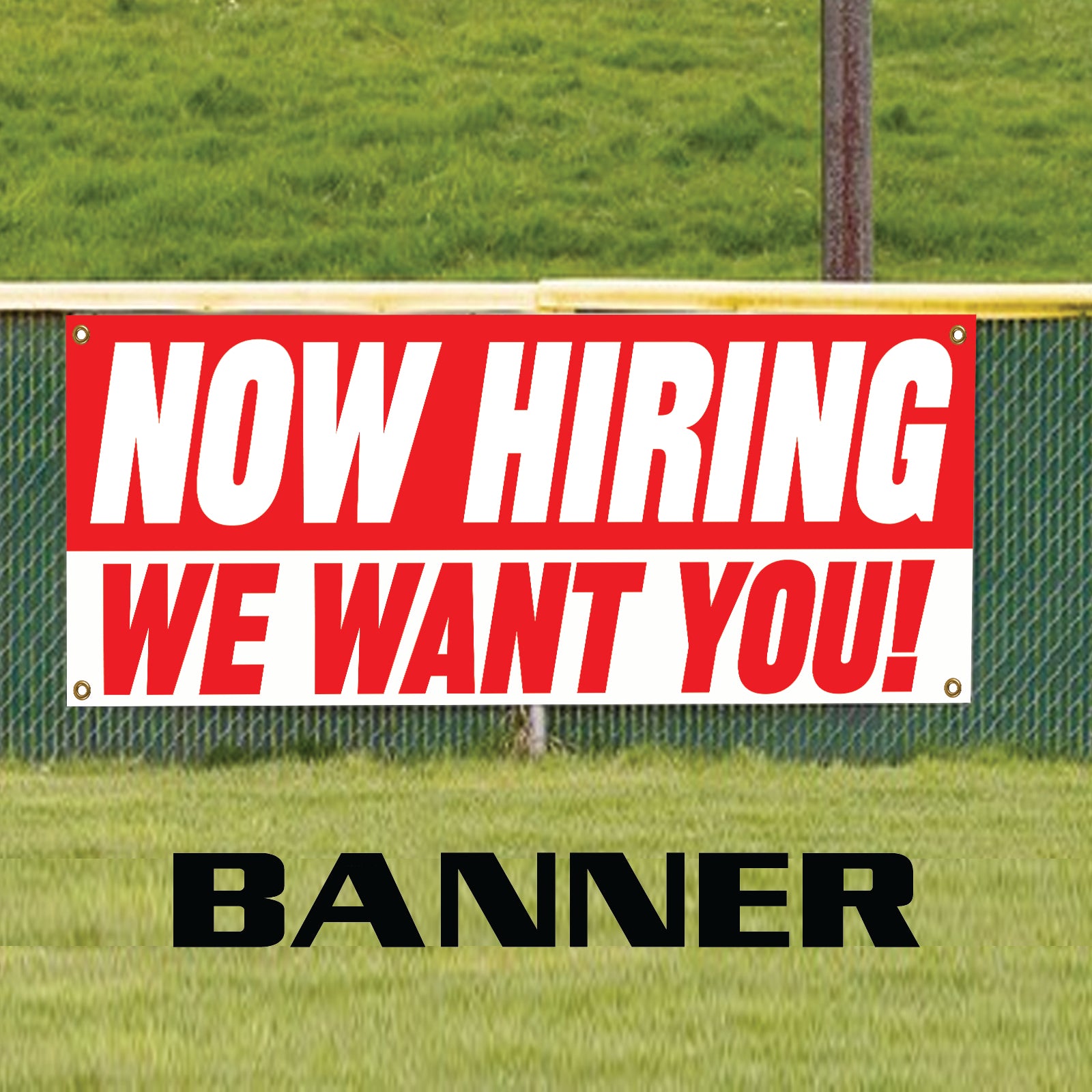 Now hiring we want you! vinyl printed banner sign